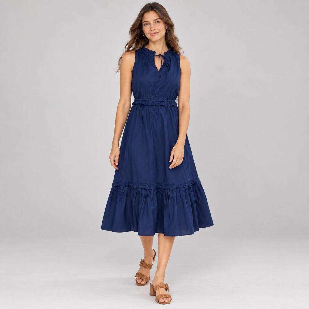 J.Crew Dress WMNS 2 Blue Ruffle Neck Tie Sleeveless Tiered Cotton Coastal Preppy